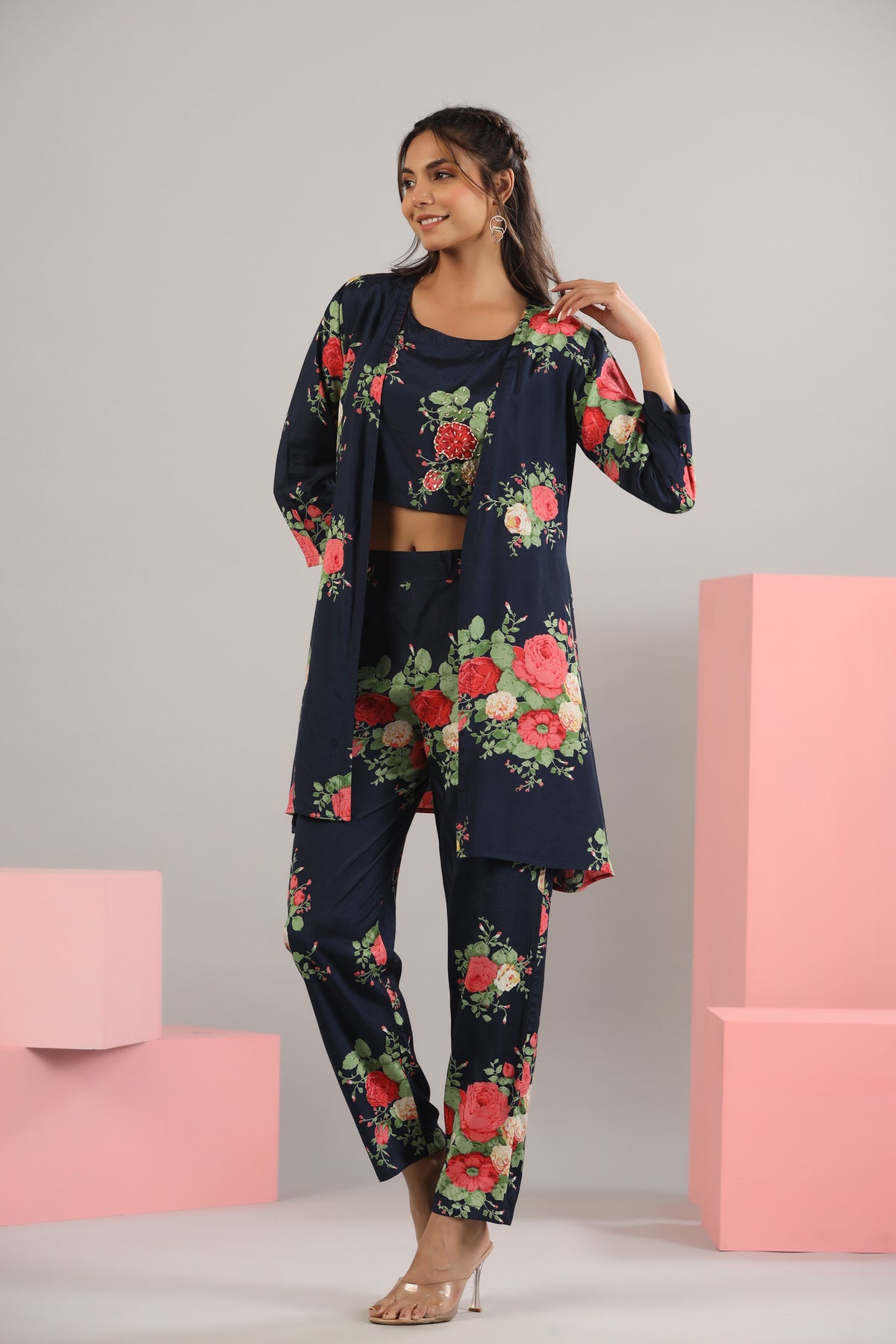 Floral Bouquet on Blue Cotton Three Piece set