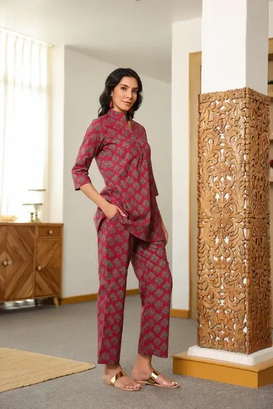 Aloha Mora on Maroon Cotton Co-ord Set