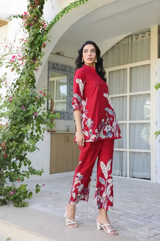 Scarlet Maple Maroon Leaf Cotton Co-ord Set