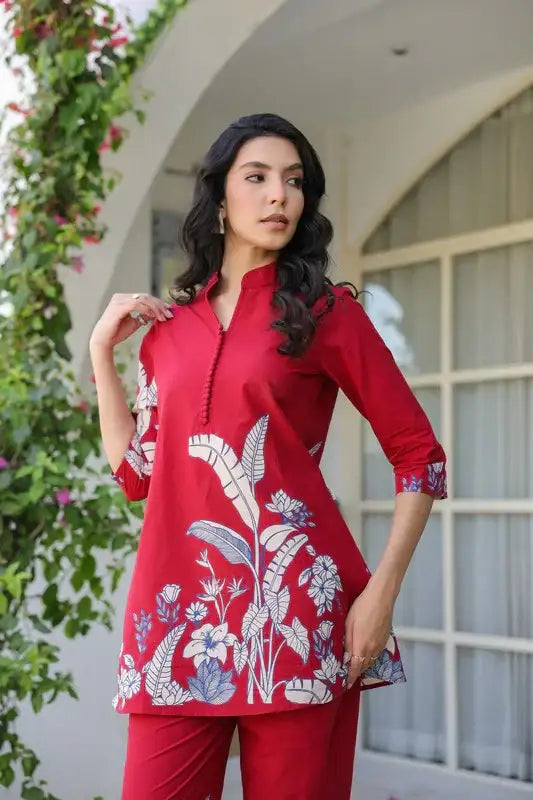 Scarlet Maple Maroon Leaf Cotton Co-ord Set