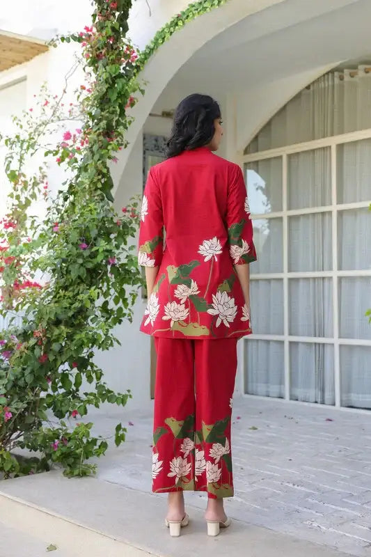 Crimson Red Lotus Cotton Co-ord Set