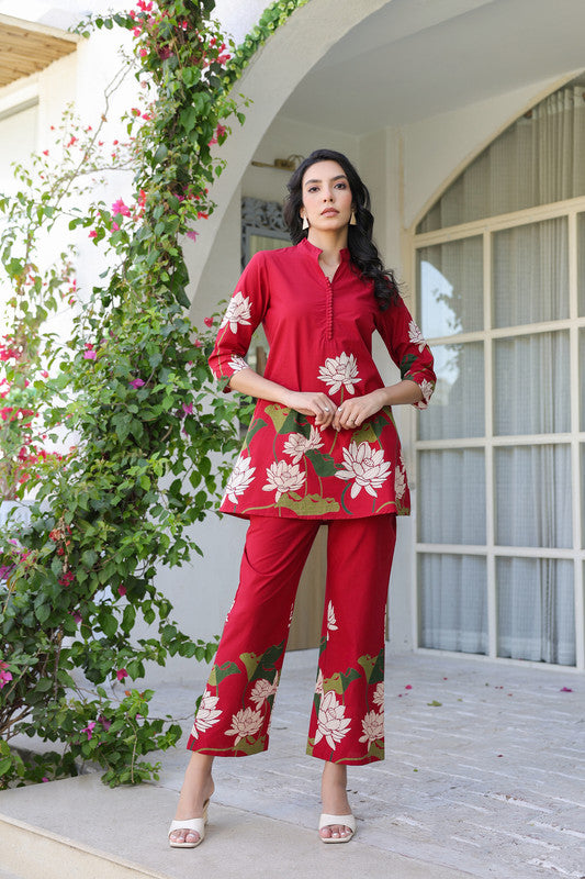 Crimson Red Lotus Cotton Co-ord Set