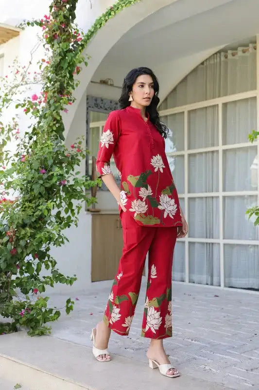 Crimson Red Lotus Cotton Co-ord Set