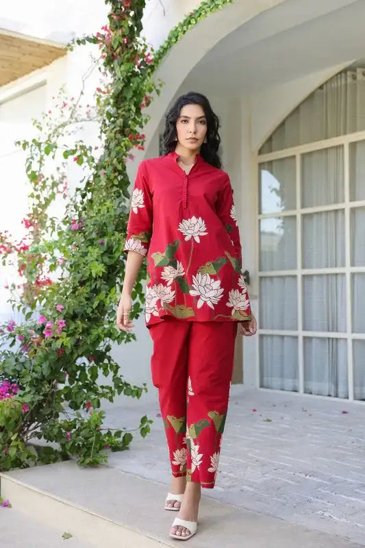 Crimson Red Lotus Cotton Co-ord Set
