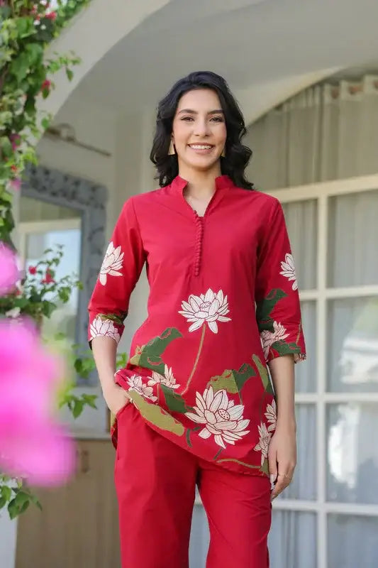 Crimson Red Lotus Cotton Co-ord Set