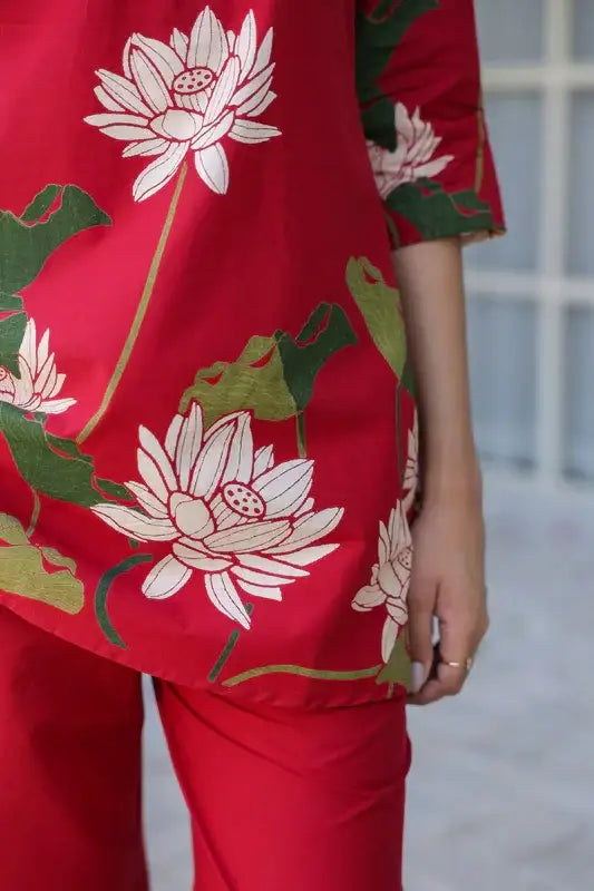 Crimson Red Lotus Cotton Co-ord Set