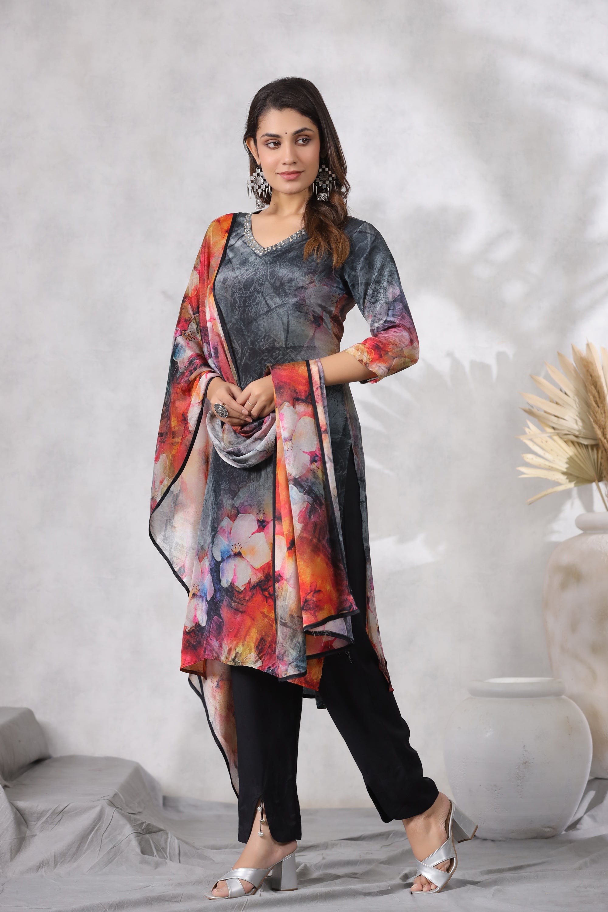 Black Digital Printed Russian Silk Straight Kurta Pant Set with Dupatta