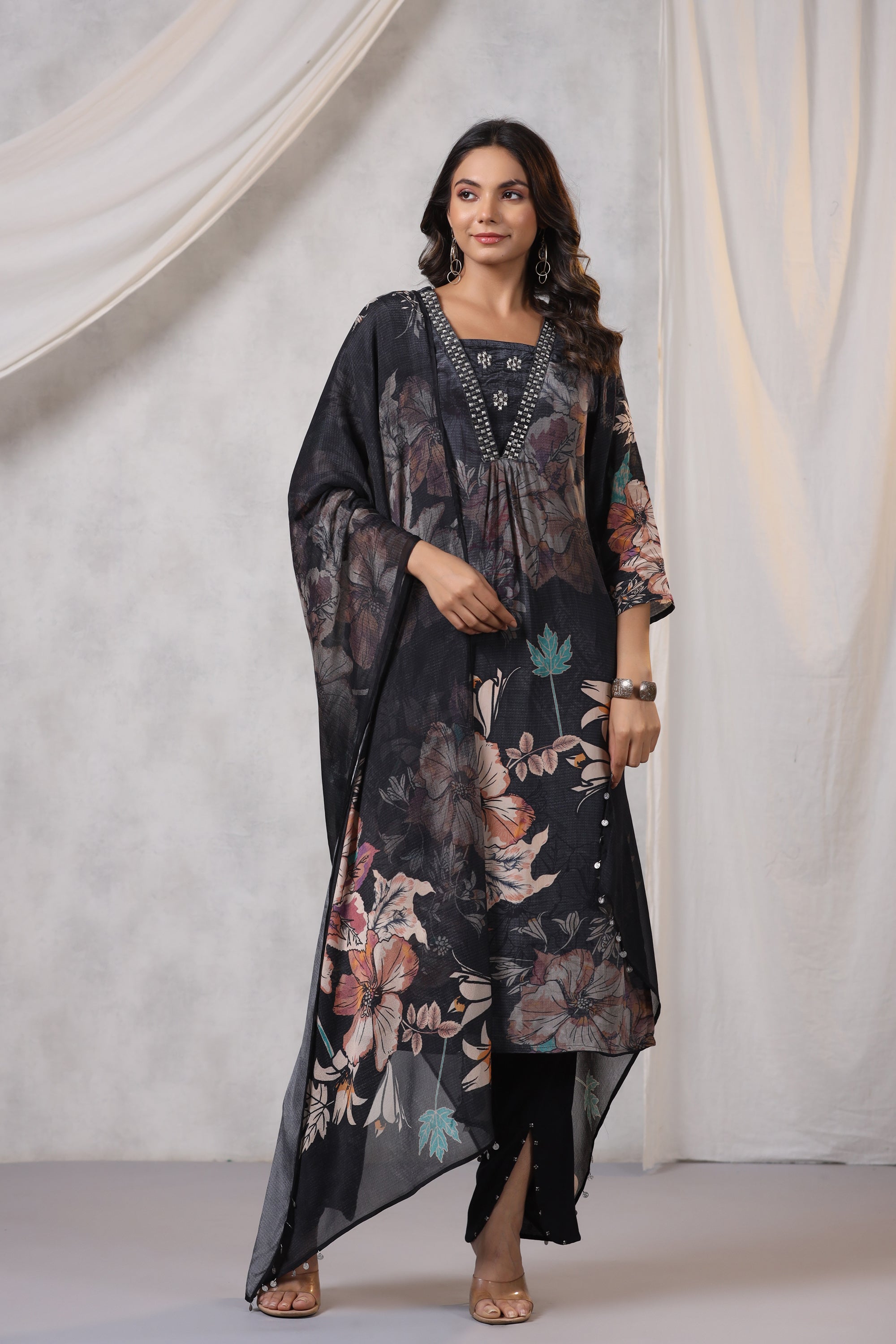 Black Sheer Floral Printed Russian Silk Kurta Pant Set with Dupatta