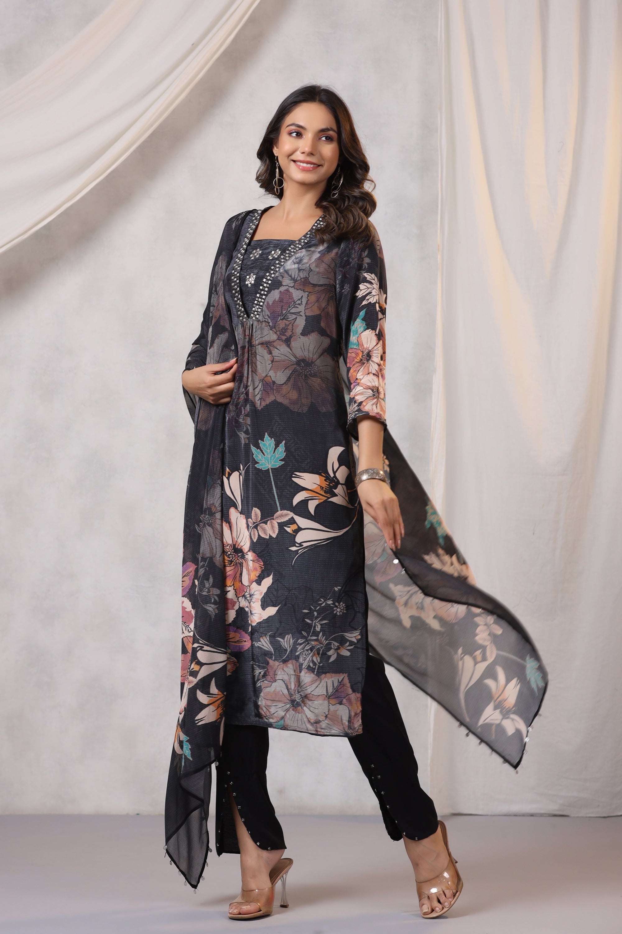 Black Sheer Floral Printed Russian Silk Kurta Pant Set with Dupatta
