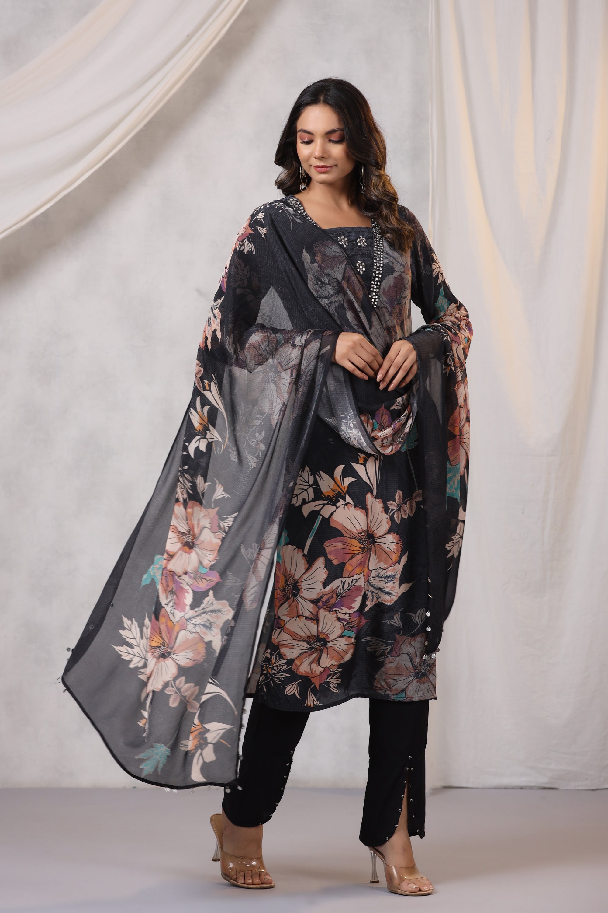 Black Sheer Floral Printed Russian Silk Kurta Pant Set with Dupatta