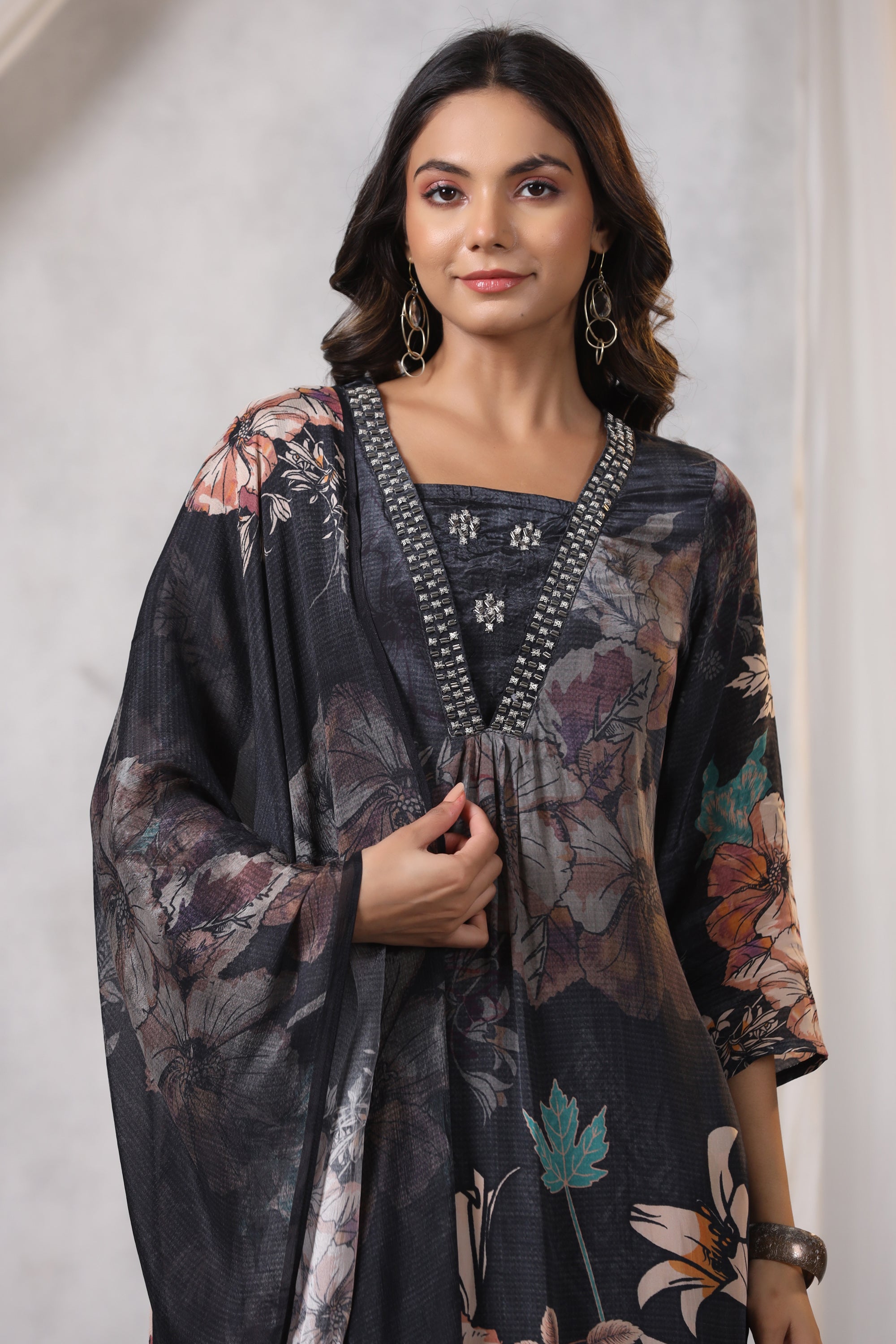 Black Sheer Floral Printed Russian Silk Kurta Pant Set with Dupatta