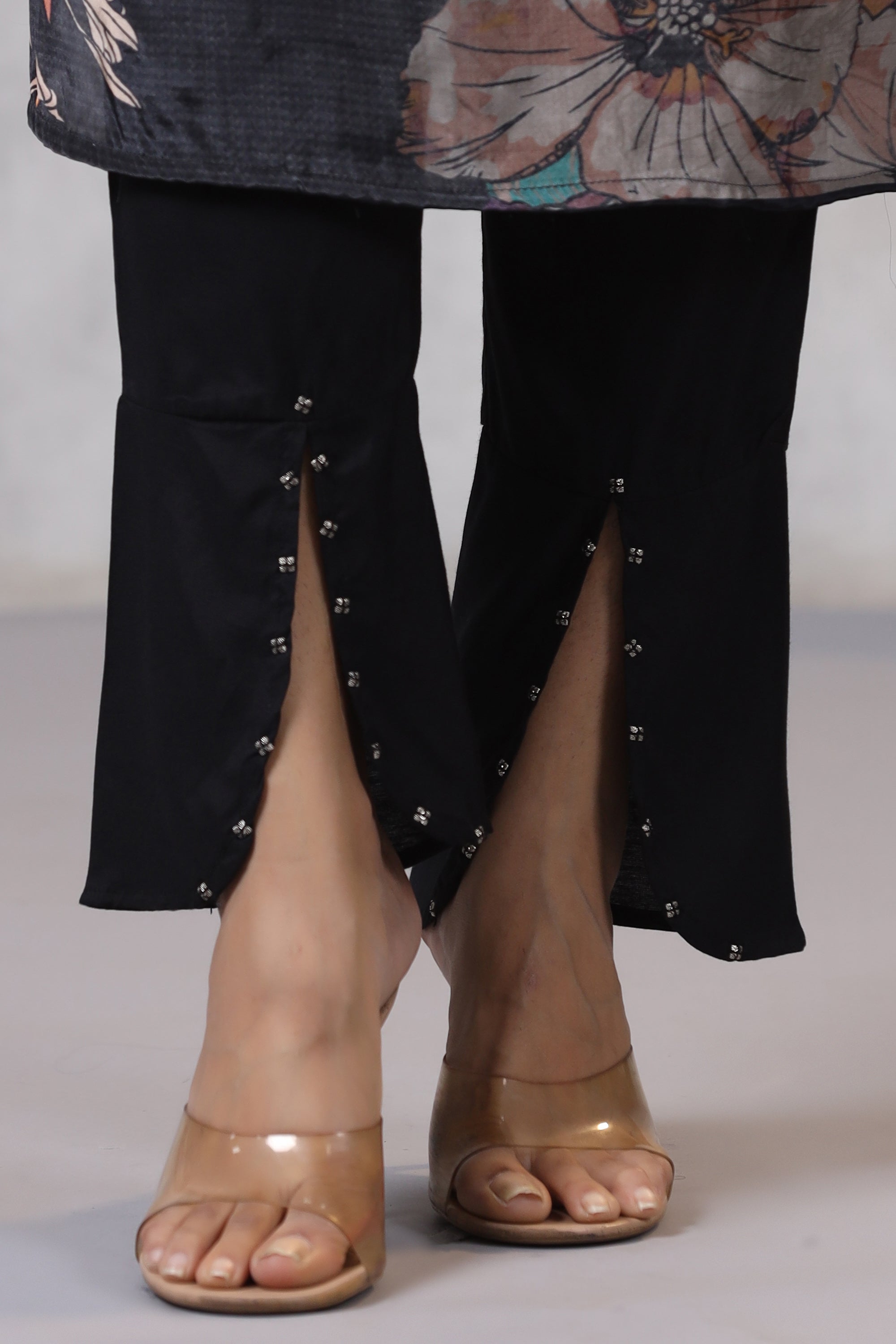 Black Sheer Floral Printed Russian Silk Kurta Pant Set with Dupatta