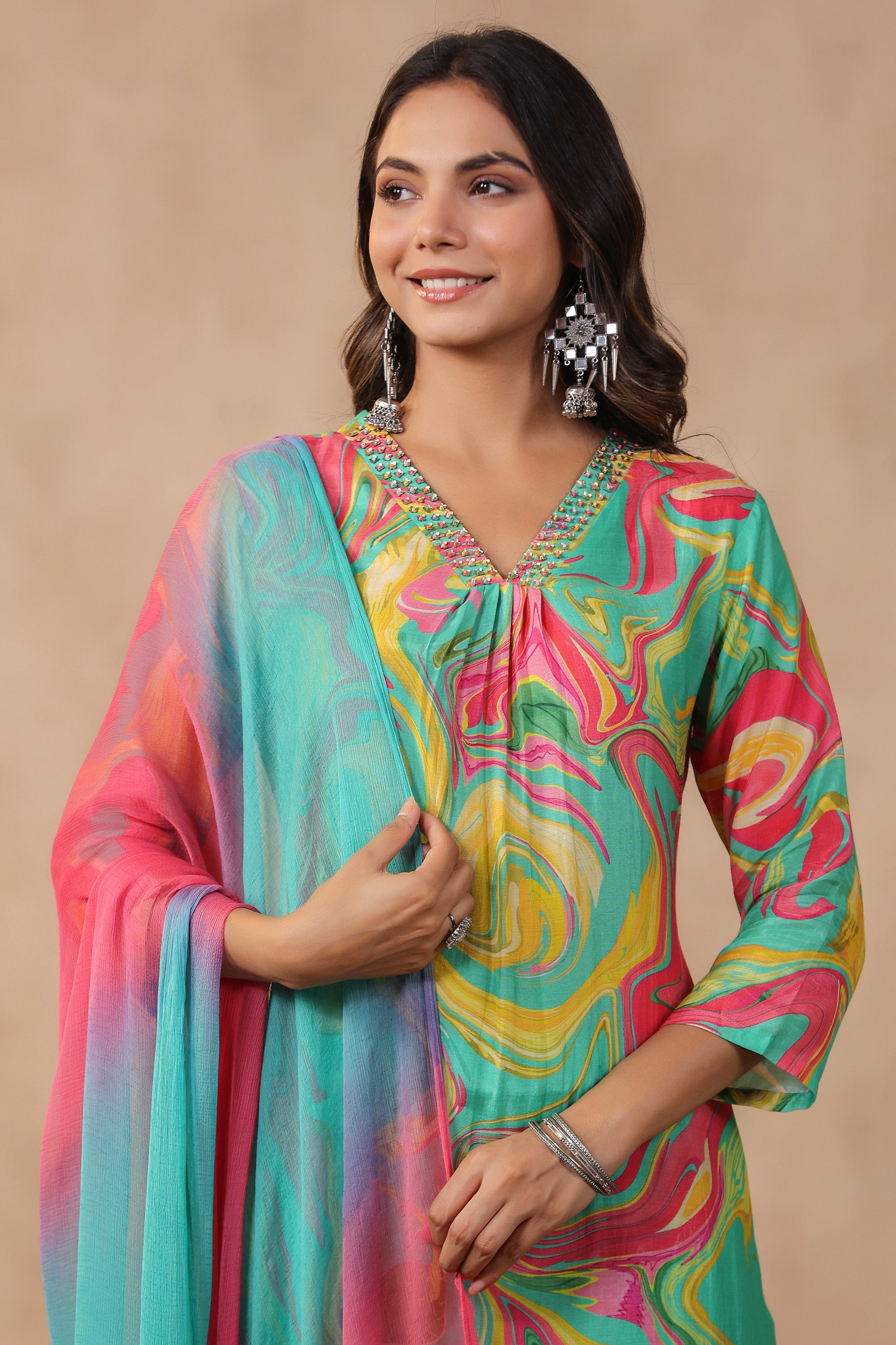 Multicolour Designer Marble Printed Russian Silk Kurta Pant Set with Dupatta