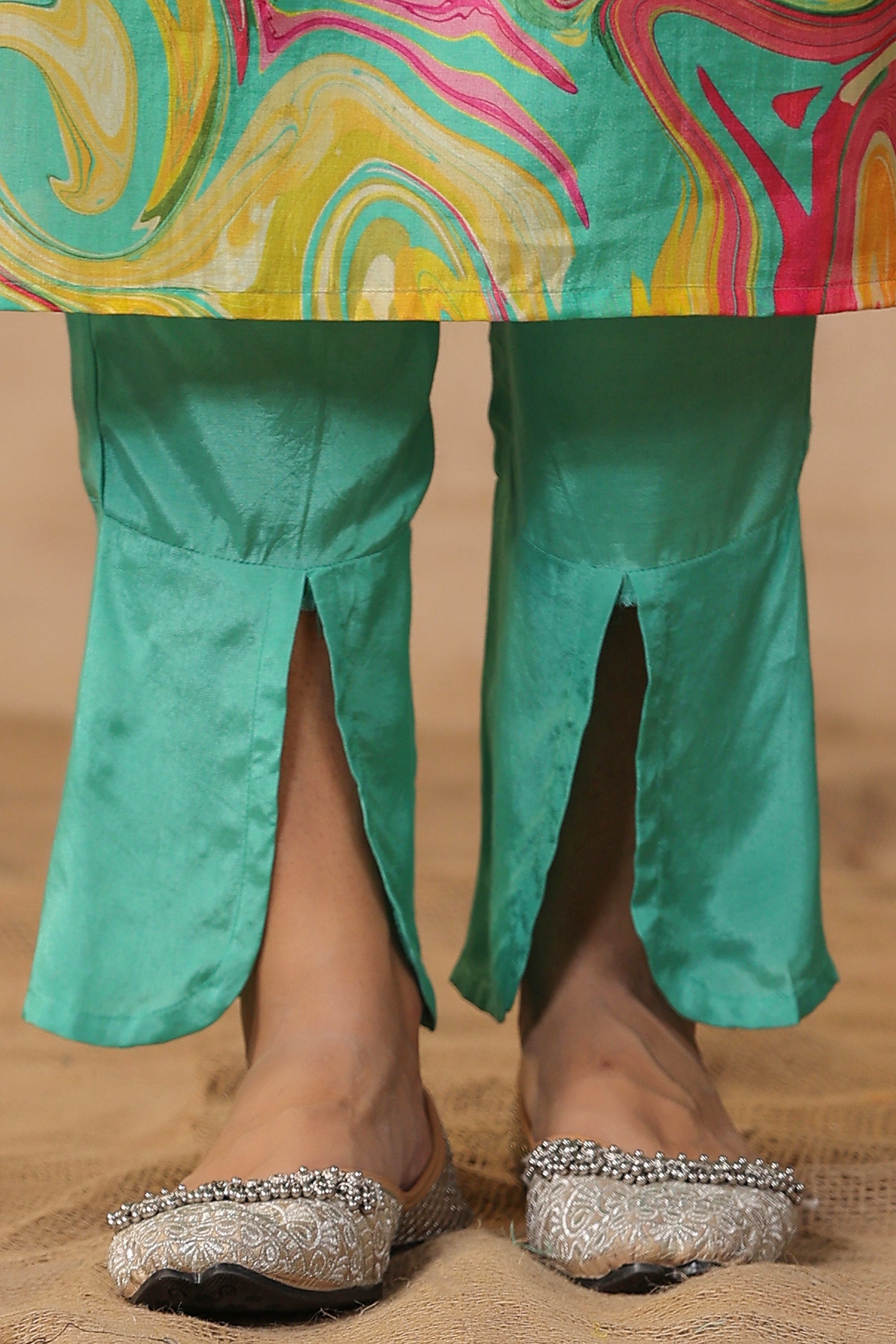 Multicolour Designer Marble Printed Russian Silk Kurta Pant Set with Dupatta