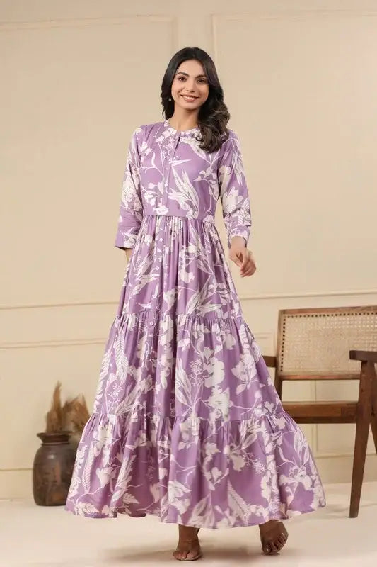 Lilac Floral Maxi Russian Silk Dress