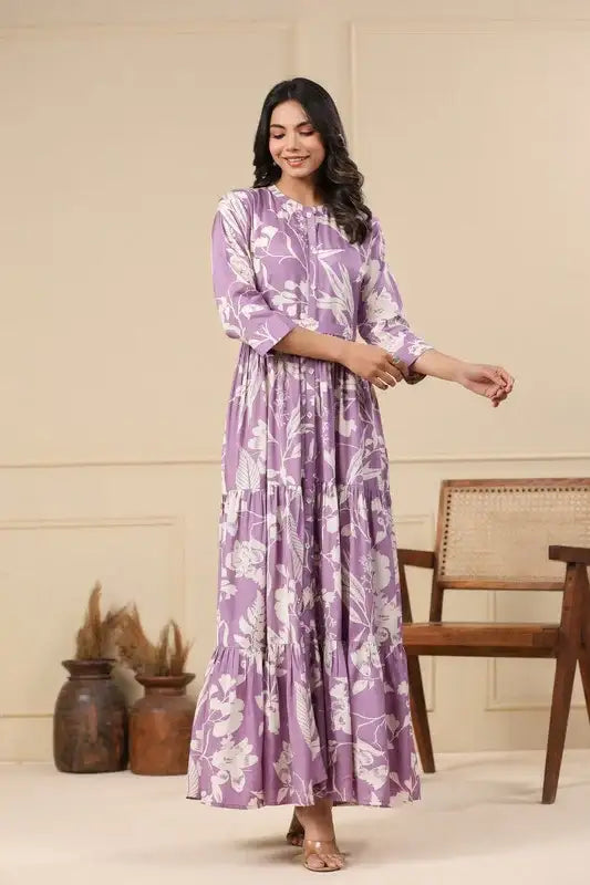 Lilac Floral Maxi Russian Silk Dress