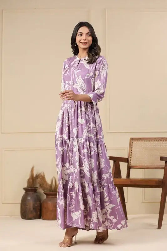Lilac Floral Maxi Russian Silk Dress