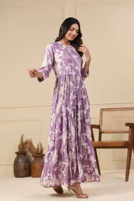 Lilac Floral Maxi Russian Silk Dress