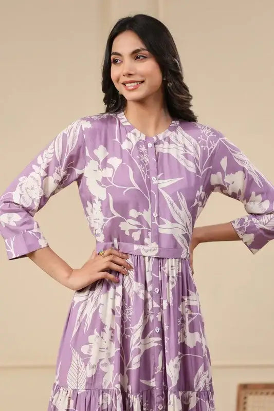 Lilac Floral Maxi Russian Silk Dress