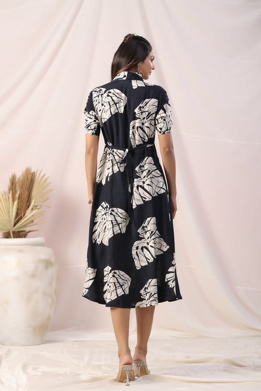 Black & White Tropical Leaf Printed Shirt Dress