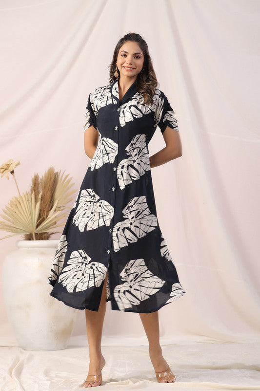 Black & White Tropical Leaf Printed Shirt Dress