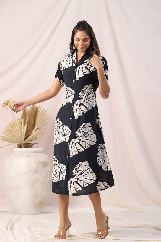 Black & White Tropical Leaf Printed Shirt Dress