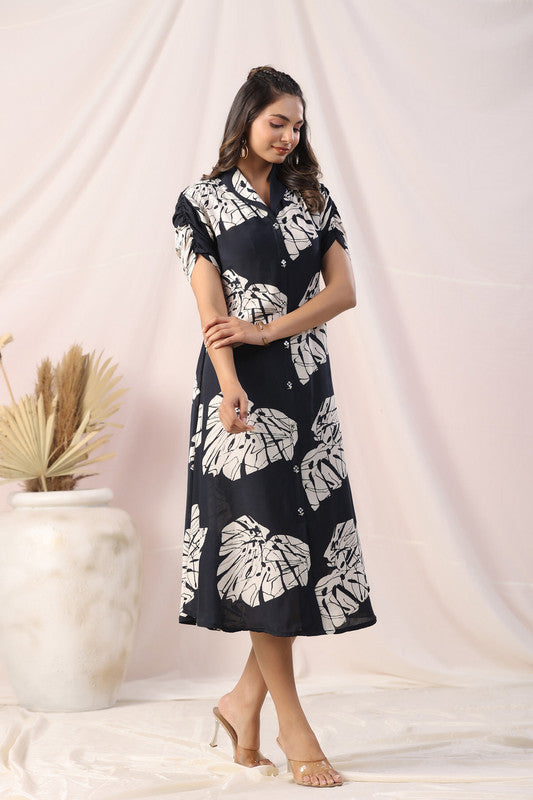 Black & White Tropical Leaf Printed Shirt Dress