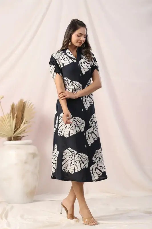 Black & White Tropical Leaf Printed Shirt Russian Silk Dress