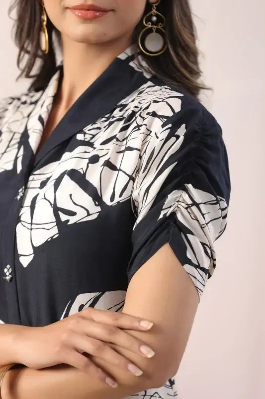 Black & White Tropical Leaf Printed Shirt Russian Silk Dress