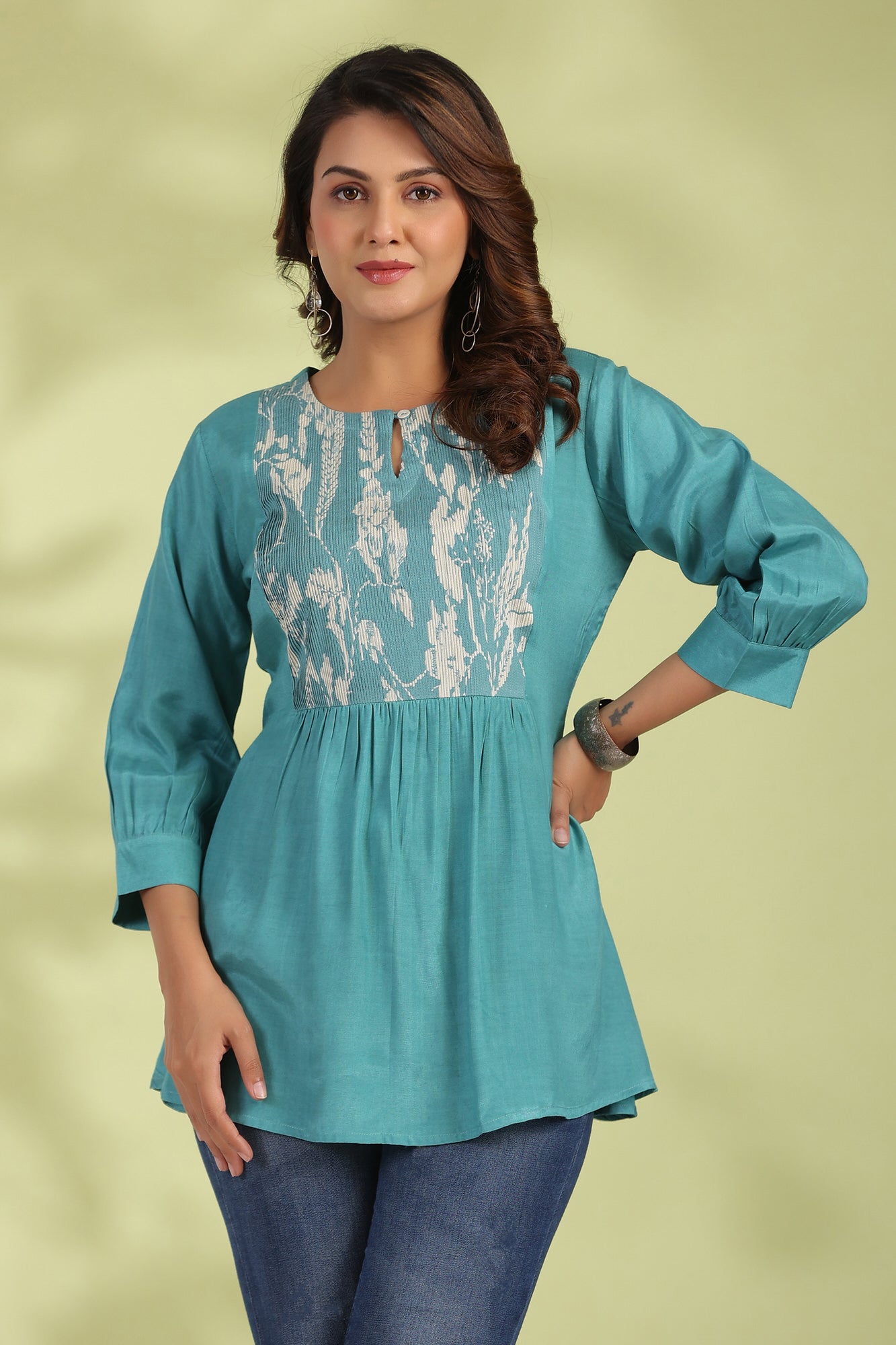 Turquoise Fleur Muslin Silk Top