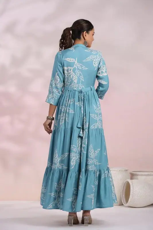 Cyan Blue Floral Maxi Russian Silk Dress