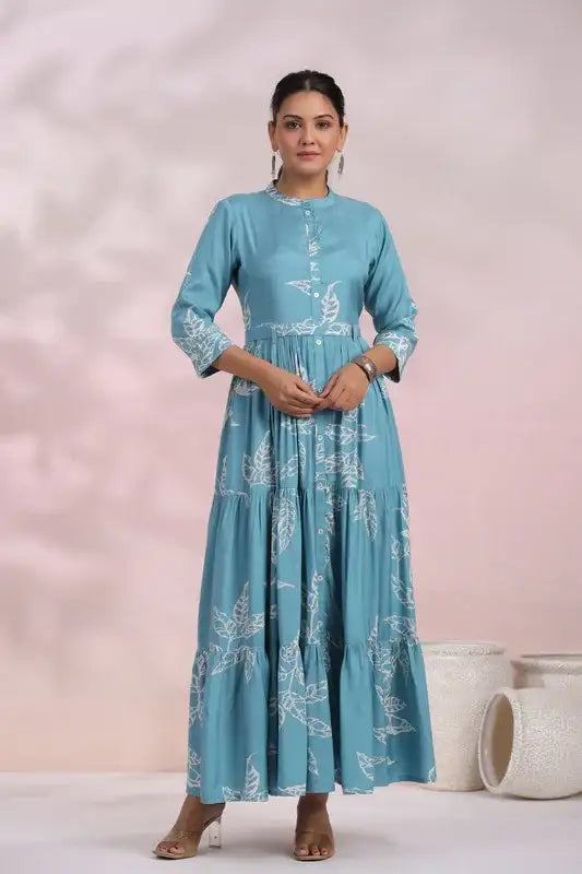 Cyan Blue Floral Maxi Russian Silk Dress