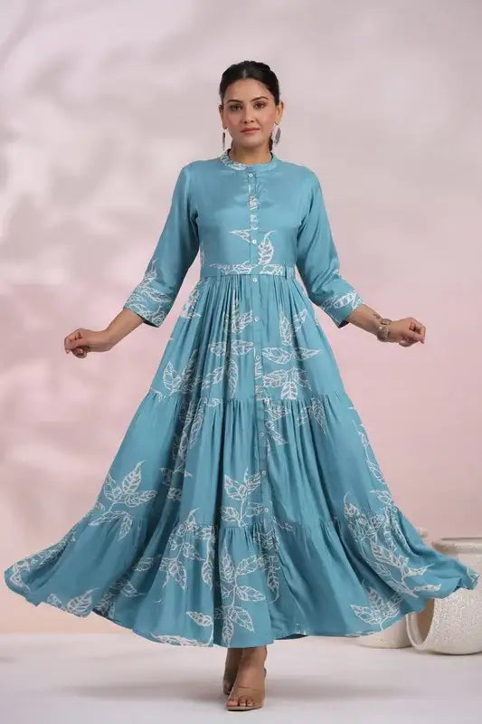 Cyan Blue Floral Maxi Russian Silk Dress