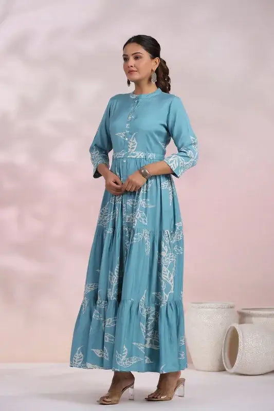 Cyan Blue Floral Maxi Russian Silk Dress