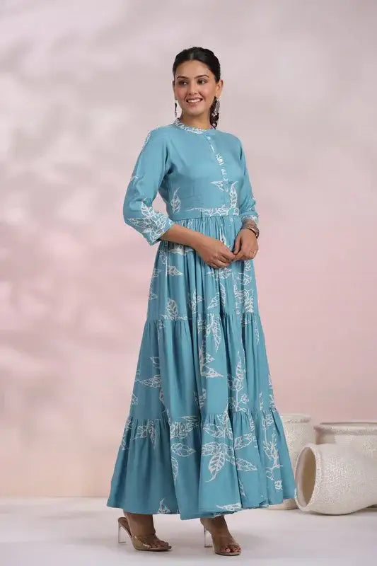 Cyan Blue Floral Maxi Russian Silk Dress