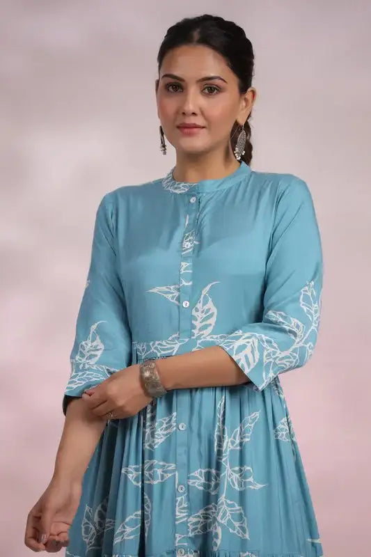 Cyan Blue Floral Maxi Russian Silk Dress