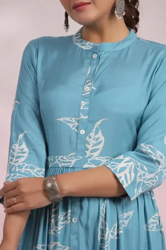 Cyan Blue Floral Maxi Russian Silk Dress
