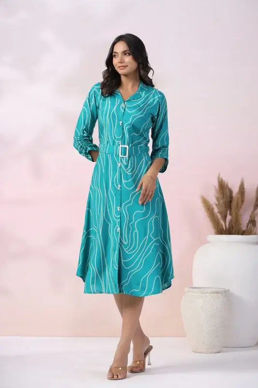 Turquoise Wave Belted Russian Silk Dress