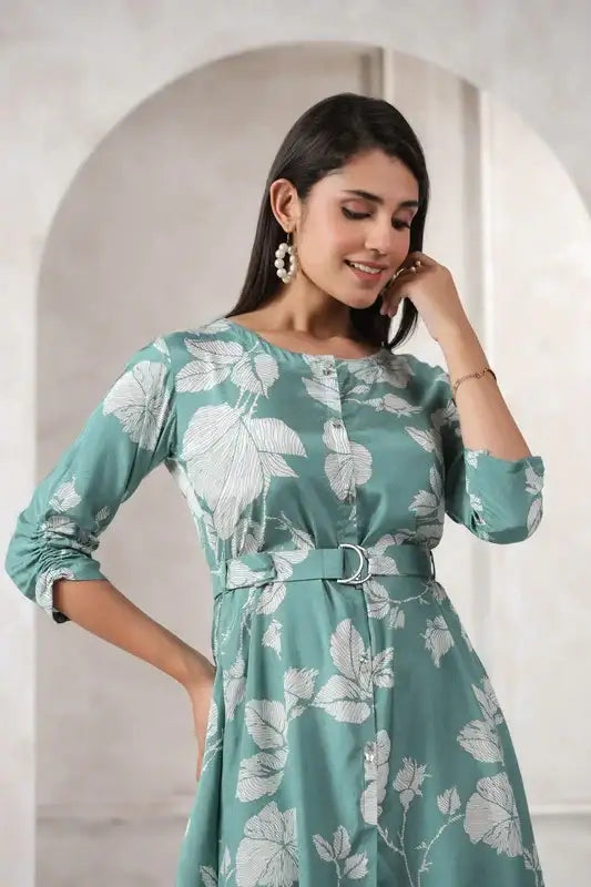 Chic Pista Green Floral Printed Russian Silk Dress