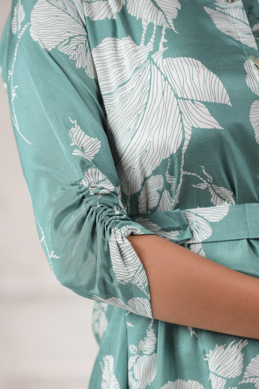 Chic Pista Green Floral Printed Russian Silk Dress