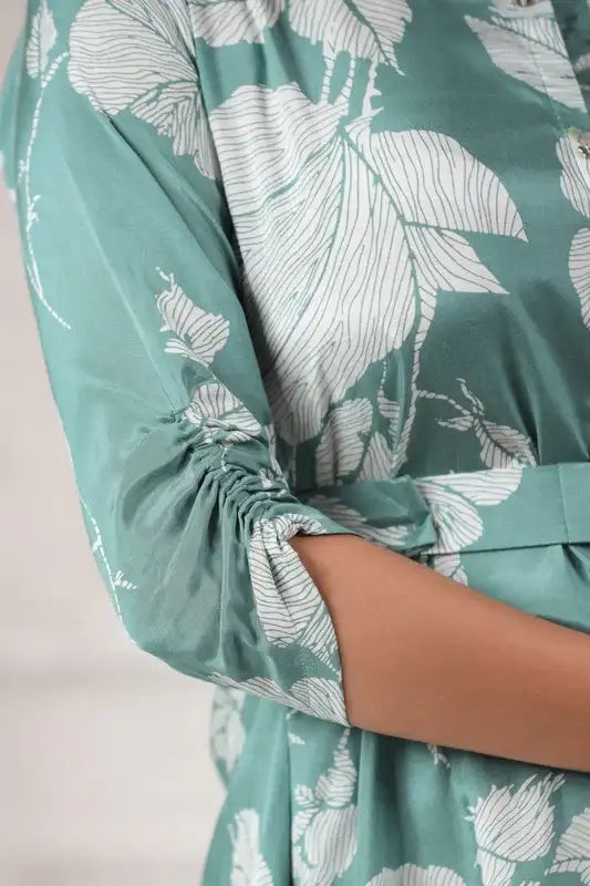 Chic Pista Green Floral Printed Russian Silk Dress