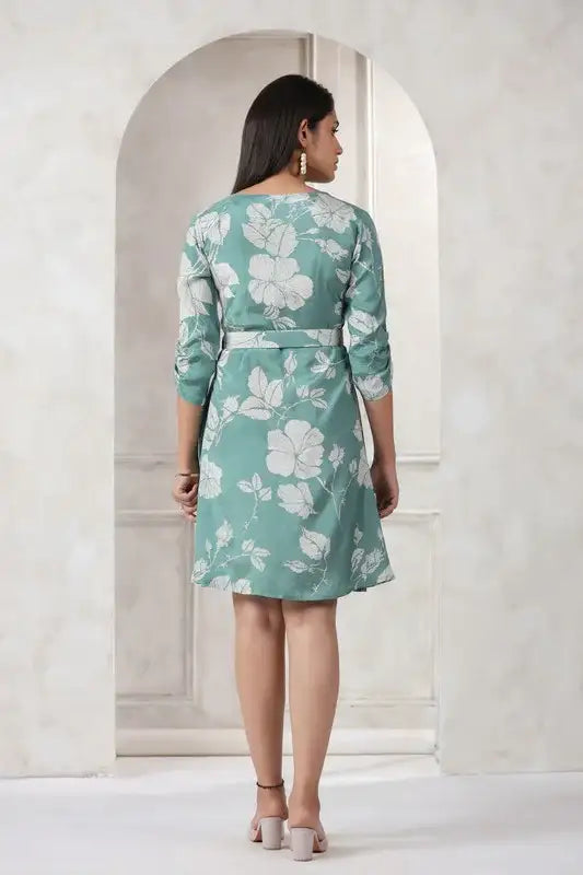 Chic Pista Green Floral Printed Russian Silk Dress