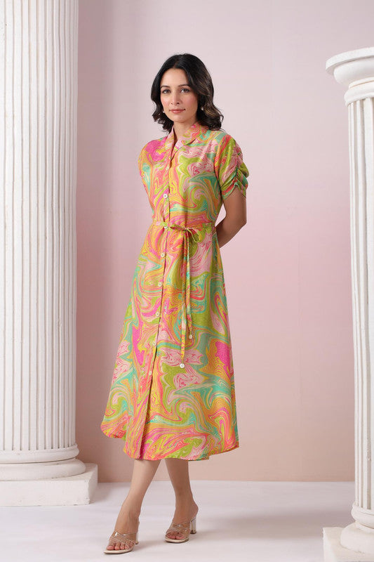 Multicolour Abstract Marble Printed Russian Silk Shirt Dress