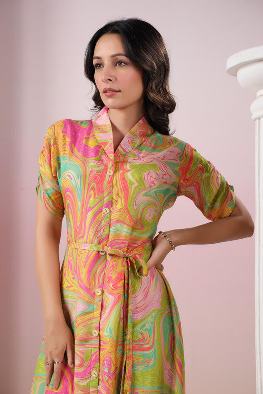 Multicolour Abstract Marble Printed Russian Silk Shirt Dress