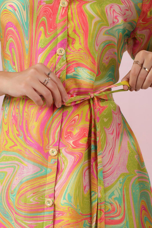 Multicolour Abstract Marble Printed Russian Silk Shirt Dress