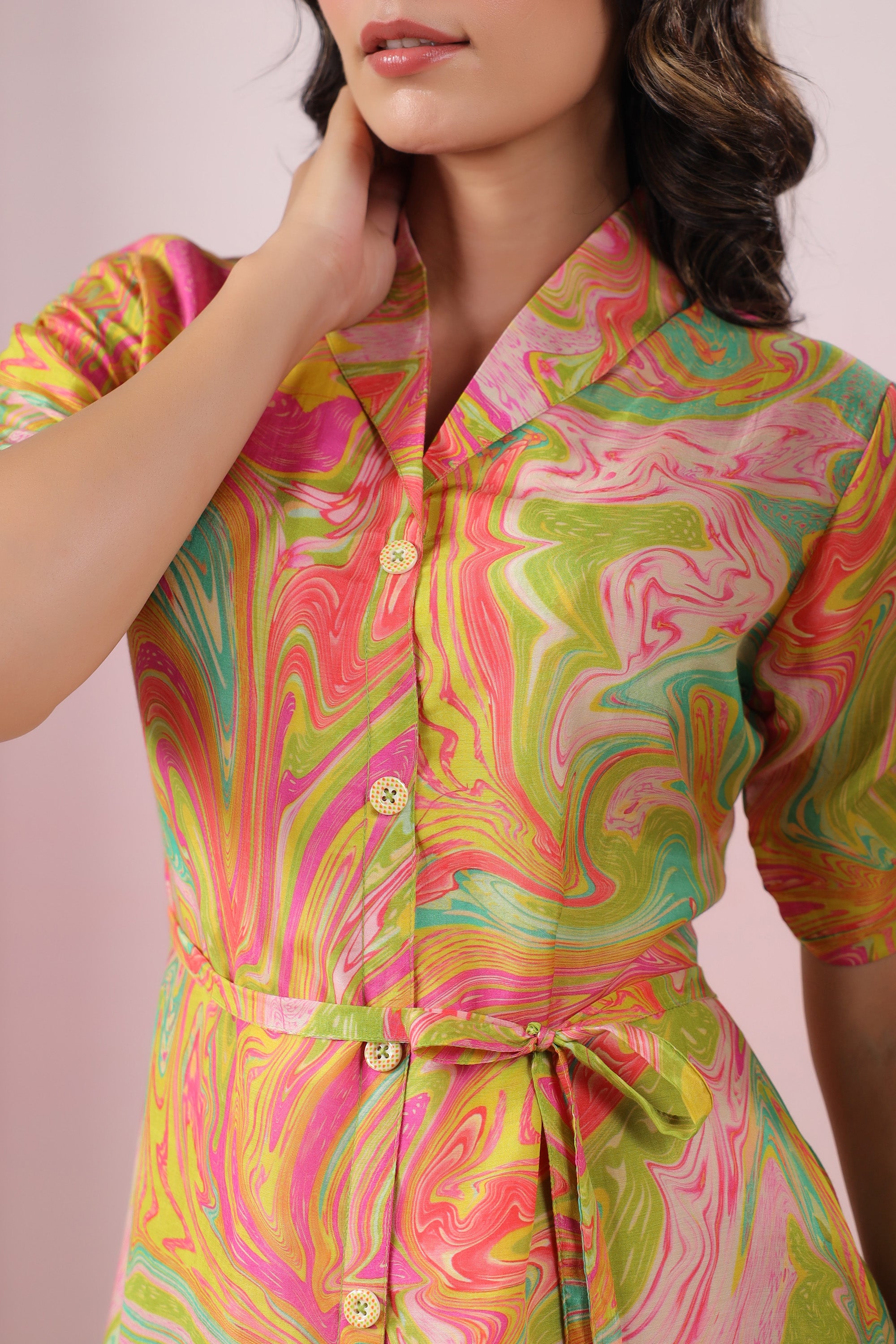 Multicolour Abstract Marble Printed Russian Silk Shirt Dress