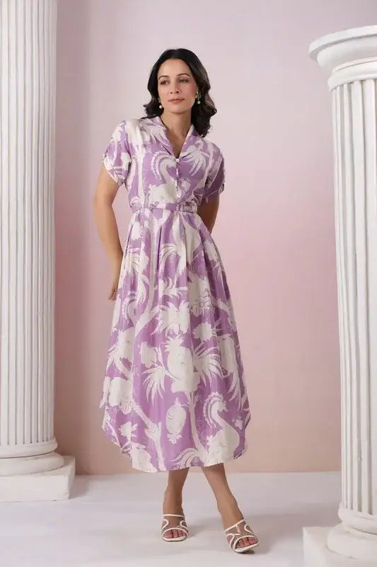 Elegant Lavender Floral Print Russian Silk Midi Dress