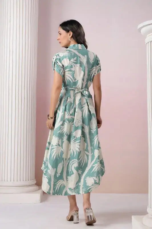 Elegant Pastel Green Leaf Print Midi Russian Silk Dress
