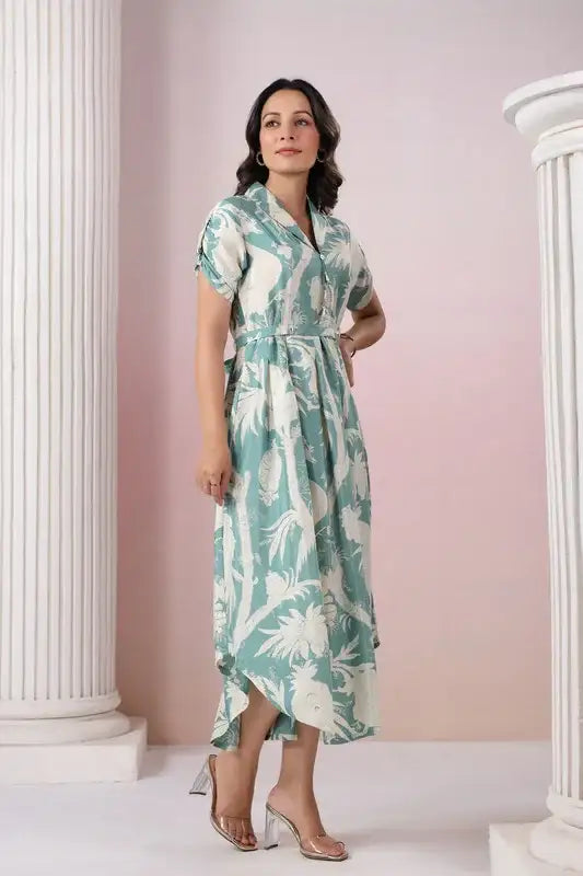 Elegant Pastel Green Leaf Print Midi Russian Silk Dress