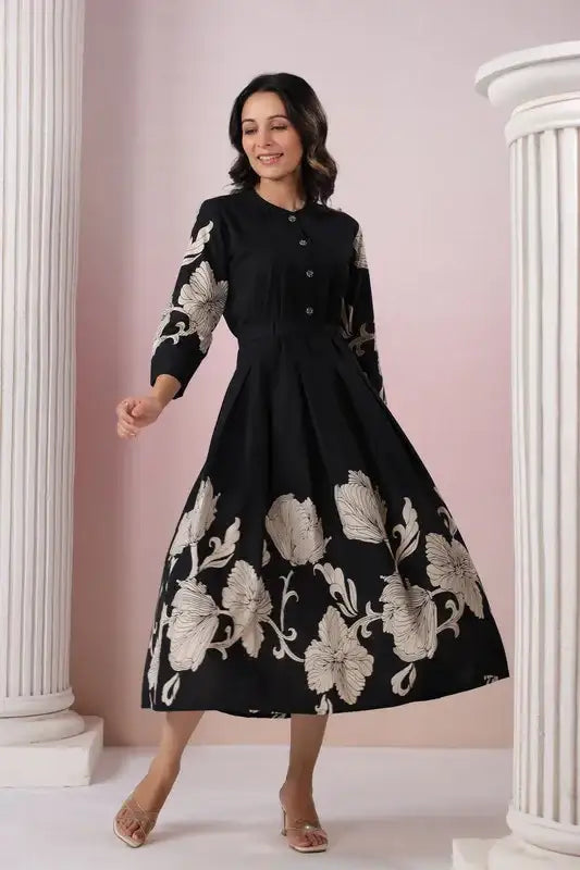 Blooming Lattice Russian Silk Black Dress